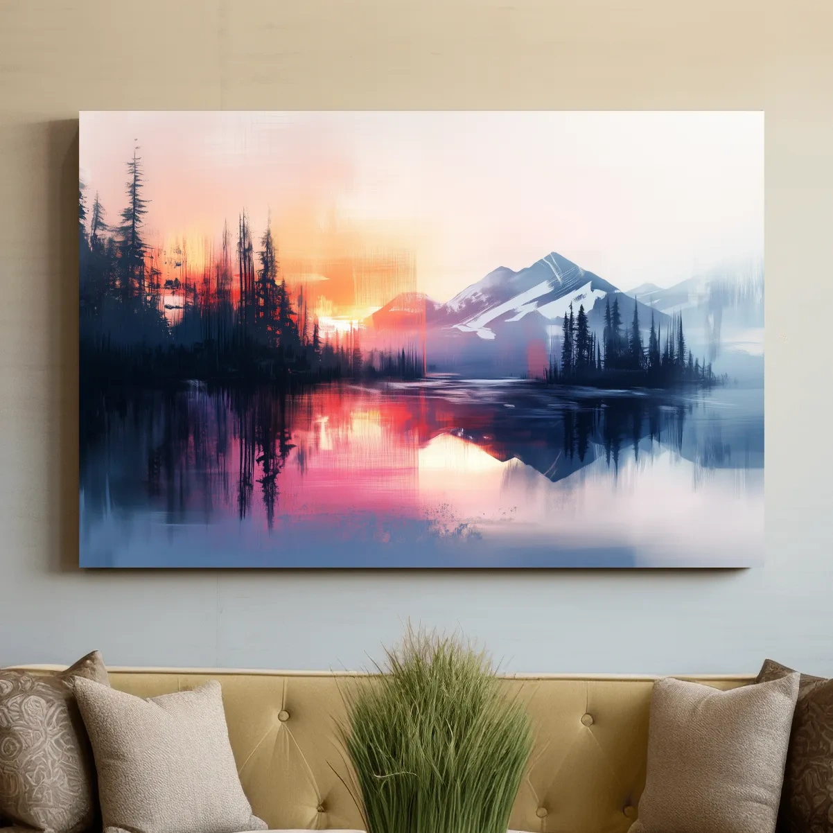 Textured painting wall art, sunset over alpine mountains, lake and forest