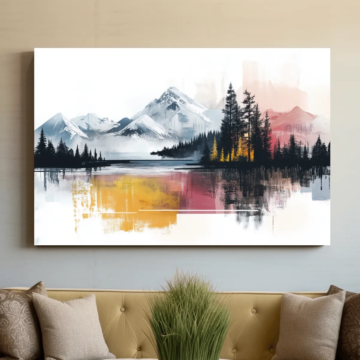 Colorful abstract mountain painting, glacial lake and forest wall art