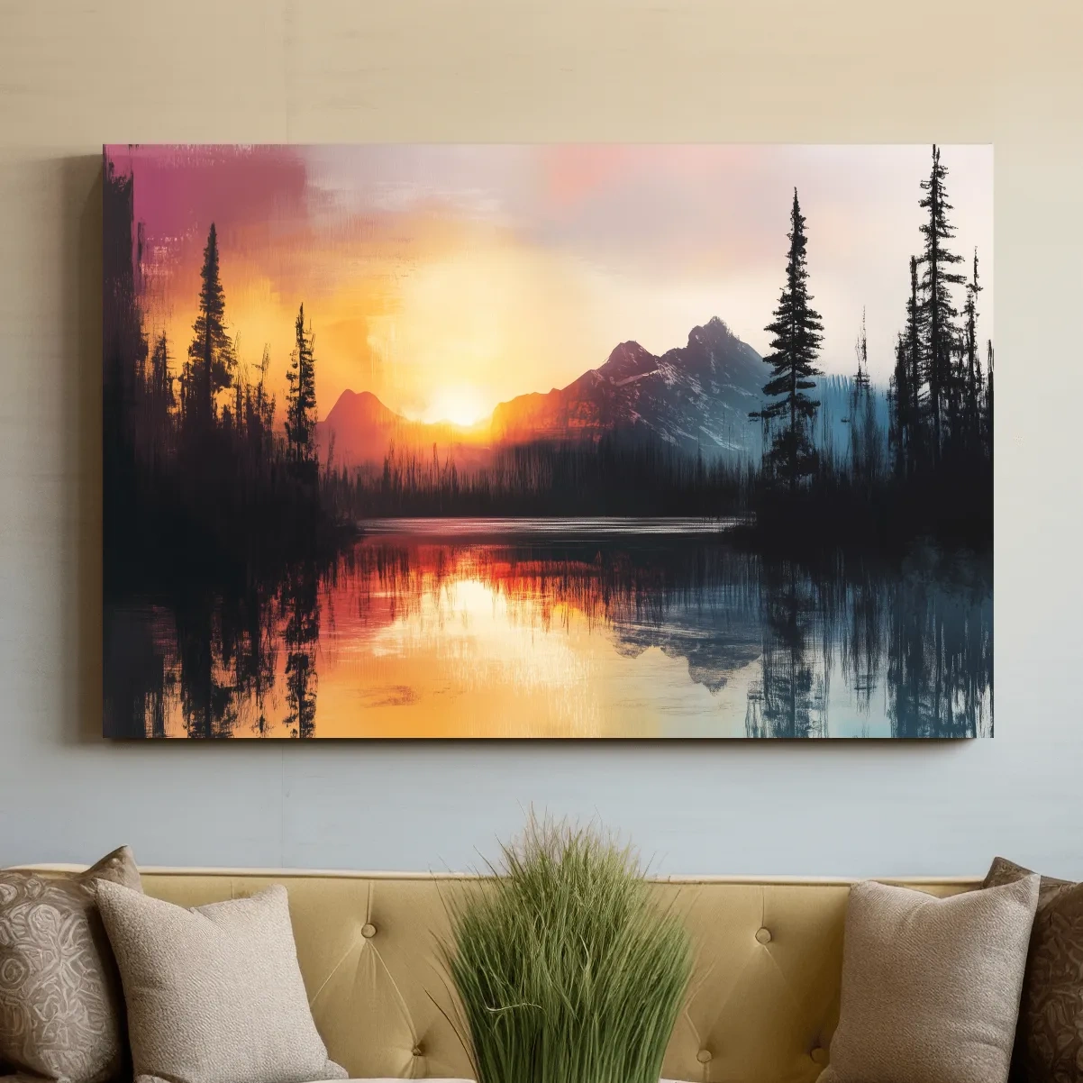 Abstract mountain art painting, sunset over a lake and forest
