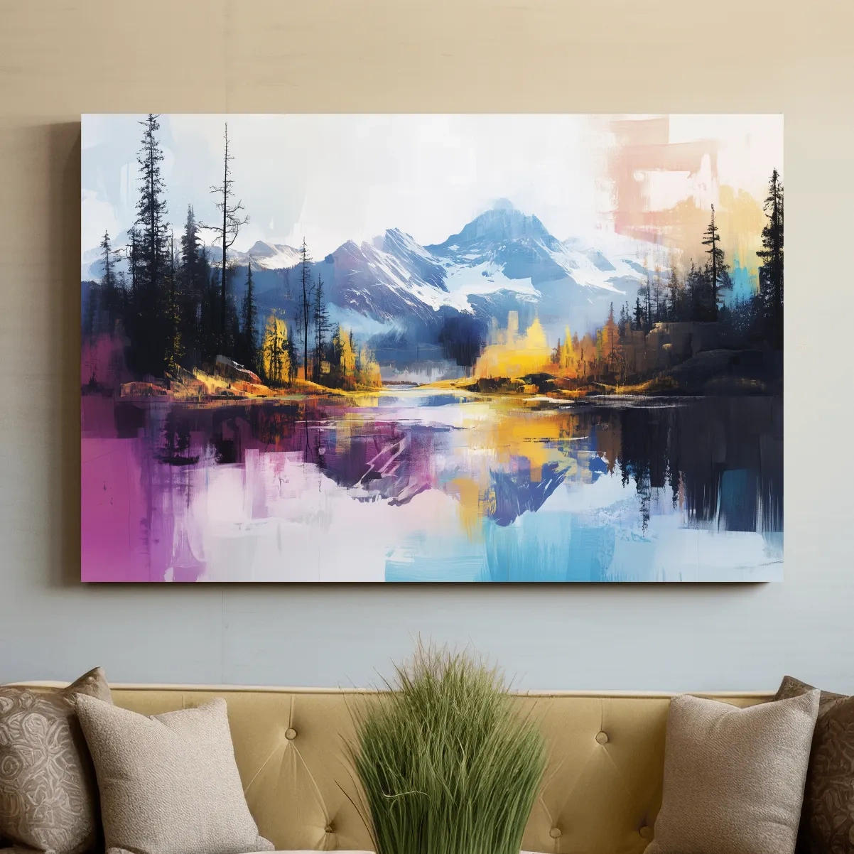Vibrant Abstract Mountain Lake Reflection Painting - Colorful Modern Landscape Wall Art