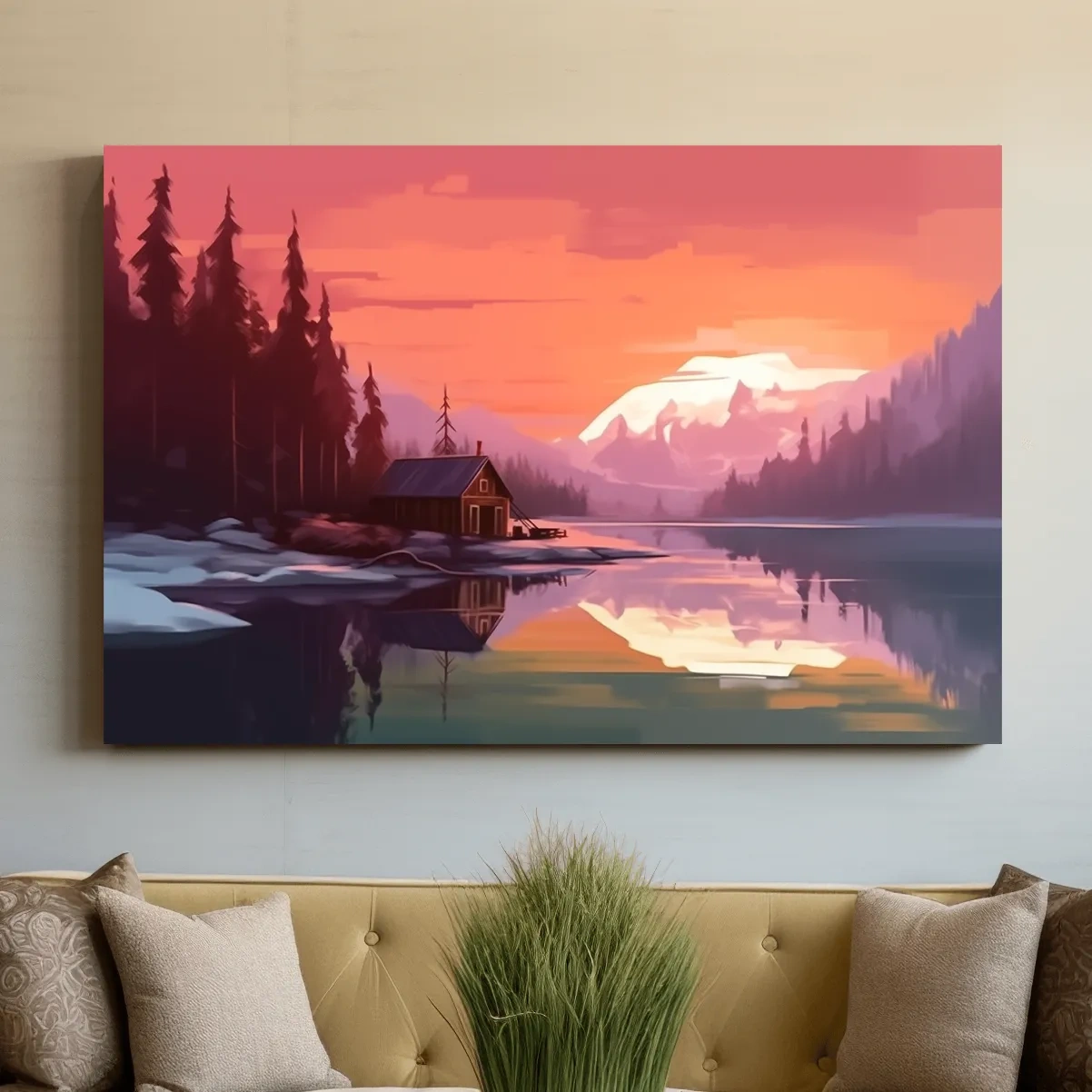 Sunset Mountain Lake Cabin Painting - Serene Alpine Landscape Wall Art