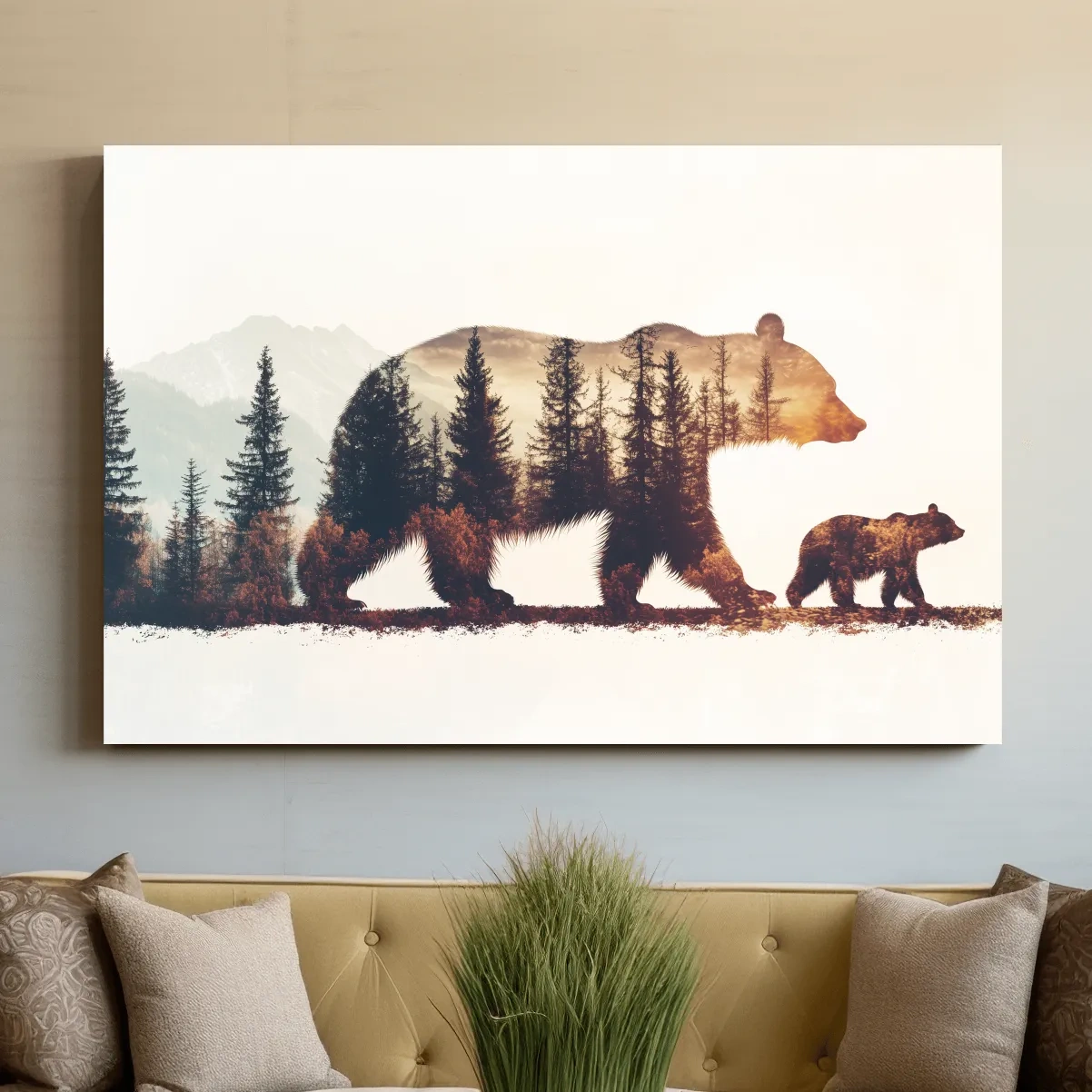Double exposure forest wall art, momma bear and her cub