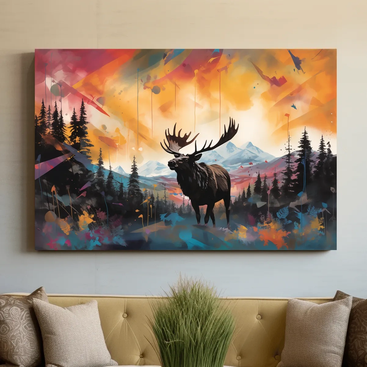 Abstract vibrant painting of a moose in forest scenery