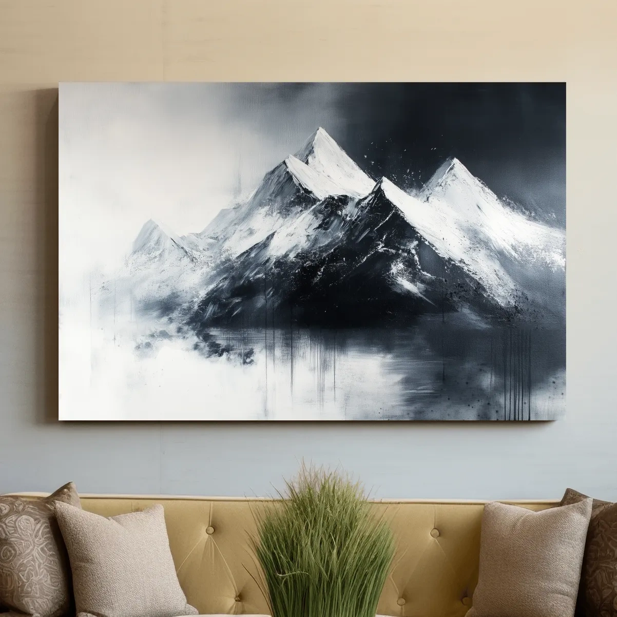 Moody Monochrome Snowcapped Mountain Peaks Painting - Modern Minimalist Wall Art