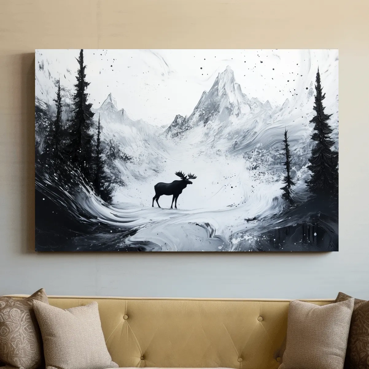 Moody Monochrome Moose Alpine Meadows - Abstract Ink Wash Wildlife Wall Art