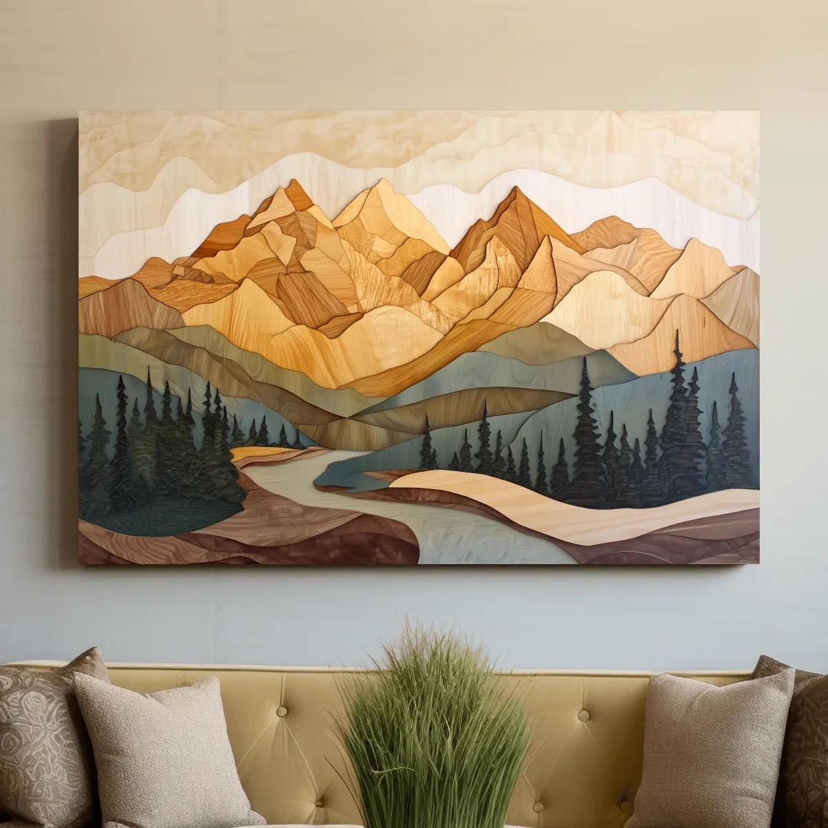 Alpine forest mountain artwork, 3d layered wood intarsia style art