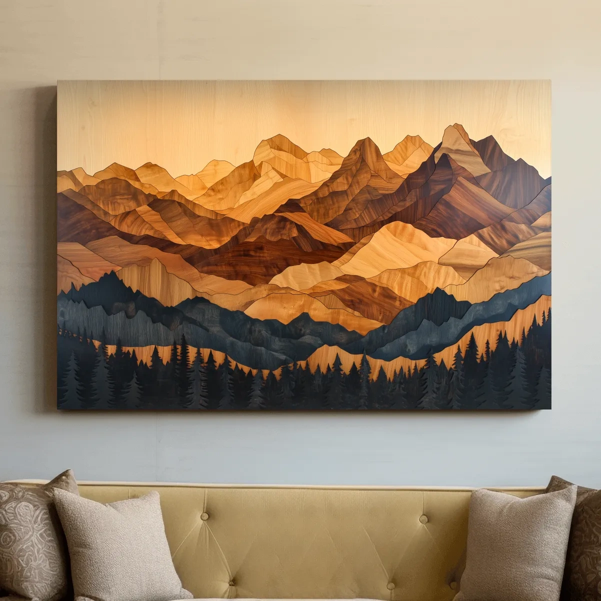 Layered Woodcut Intarsia Mountain Range Landscape - Peaks And Pine Forest Wall Art