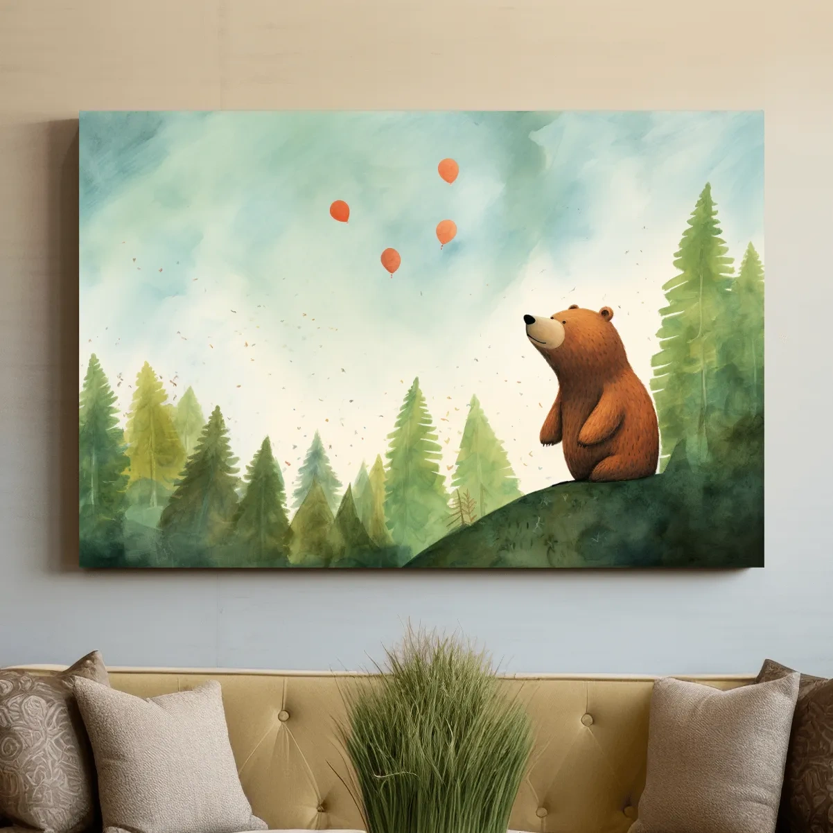 Illustration of a cute happy bear gazing into the sky, nursery wall art