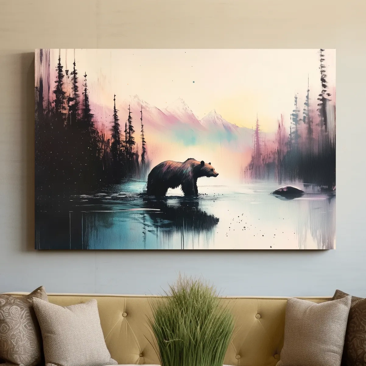 Vibrant textured wallart painting, a grizzly bear in a river