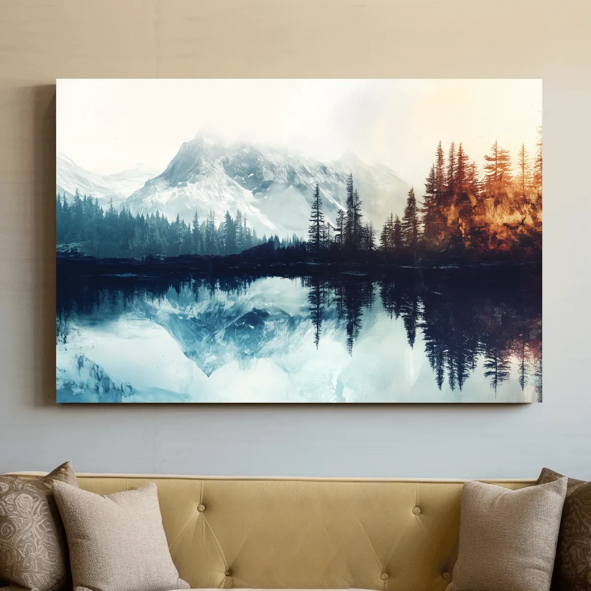 Misty Alpine Lake Reflection Landscape - Mountain Forest Sunrise Wall Art