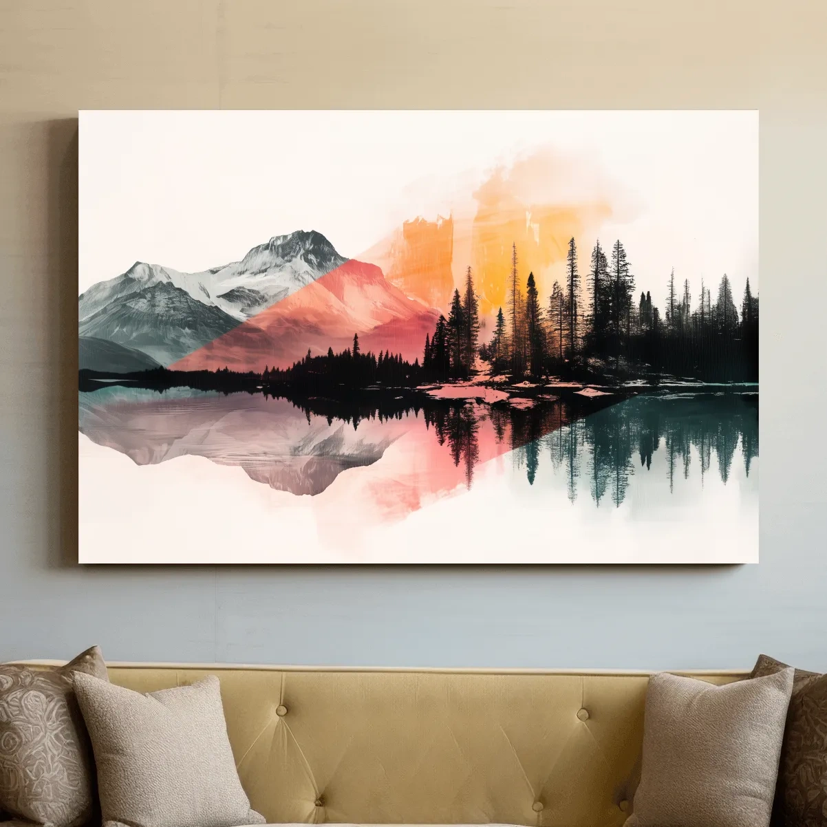 Abstract Alpine Lake Reflection Painting - Modern Watercolor Forest Landscape Wall Art