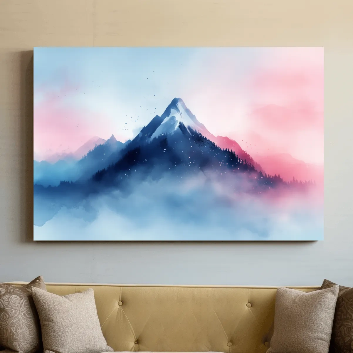 Misty Pastel Watercolor Mountain Peak - Dreamy Alpine Landscape Wall Art