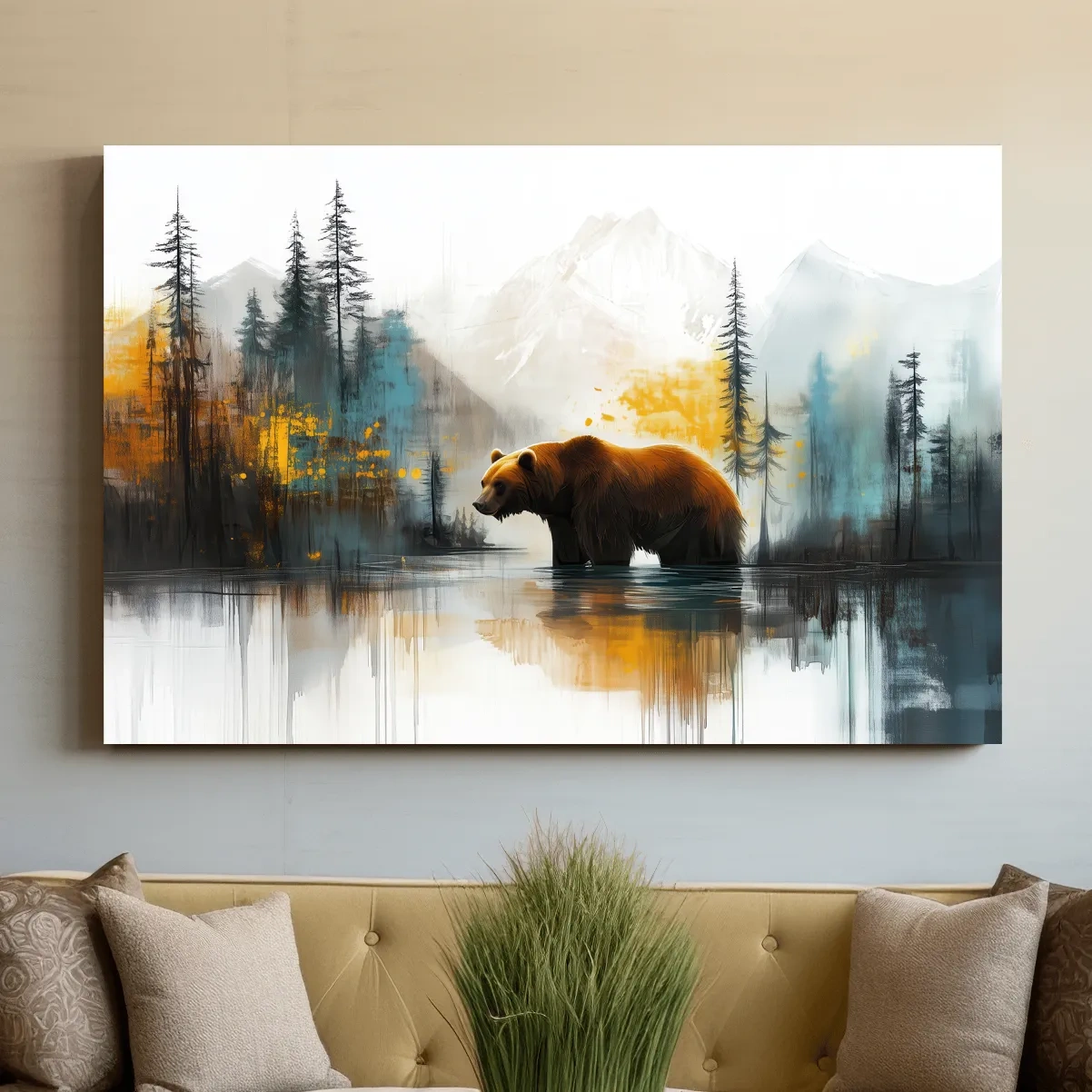 Grizzly bear textured wall art, colorful abstract painting artwork