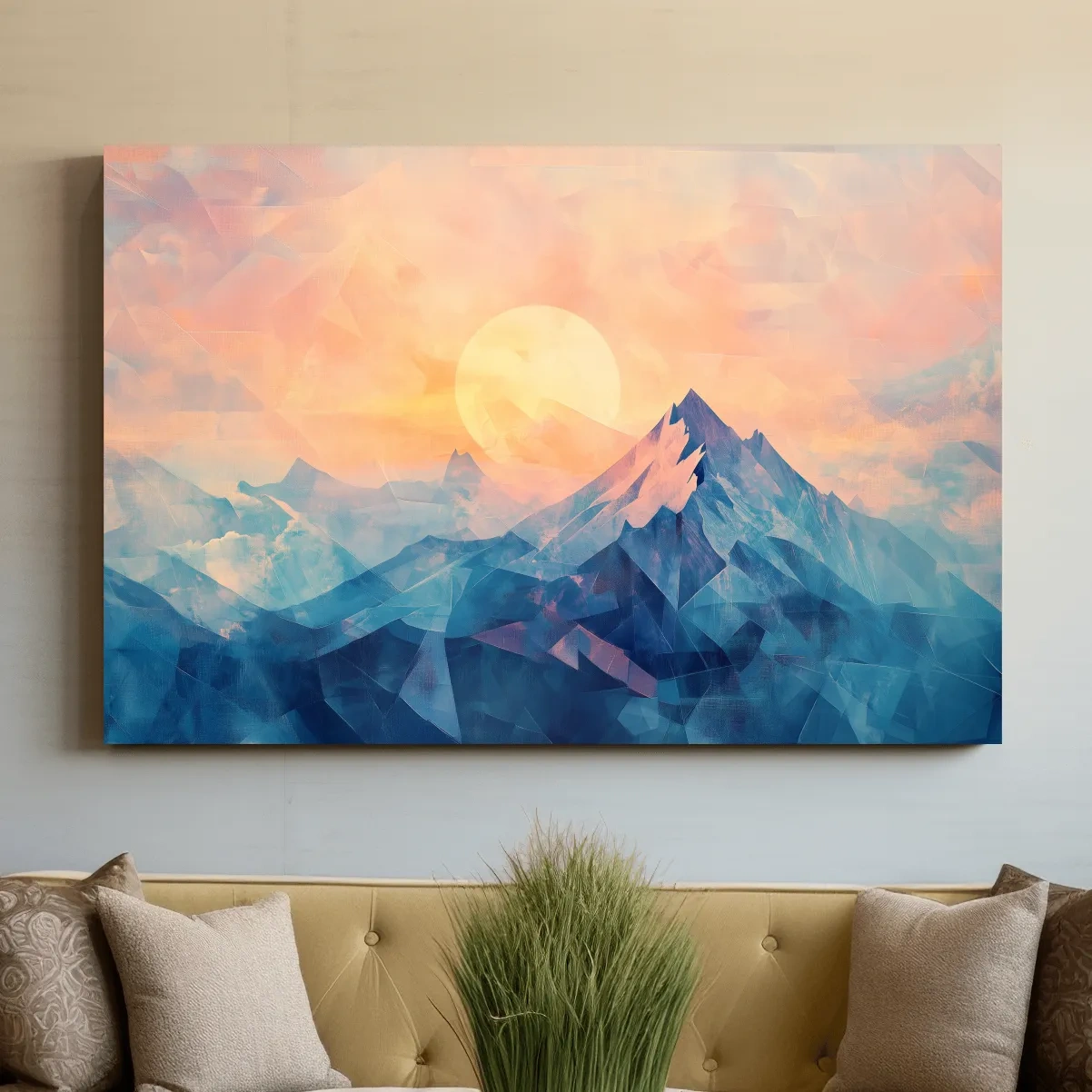 Sunset mountain wall art, geometric fragmented mosaic effect, textured art finish