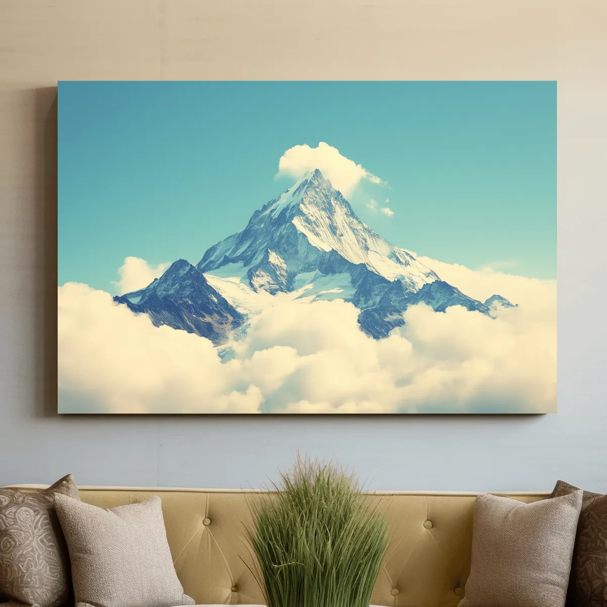 Minimal painting of a mountain peak emerging through clouds, serene artwork with soft blue sky