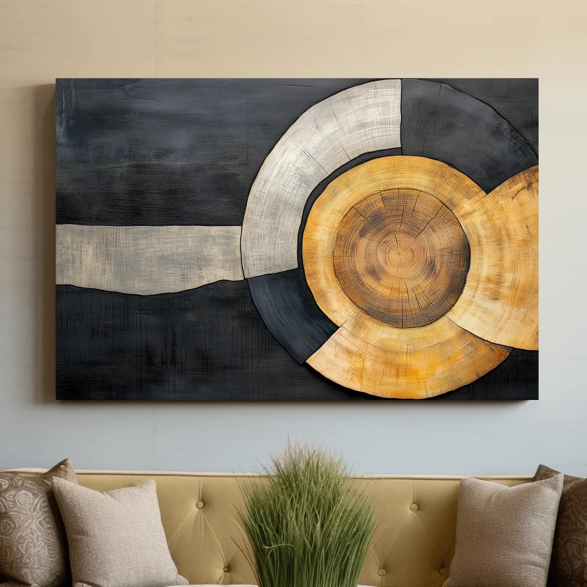 Wood grain cut log modern wall art, circular concentric design with earthy tones