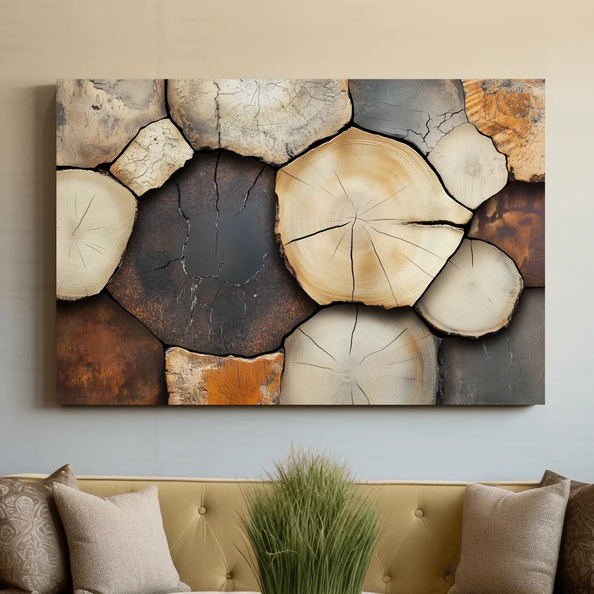 Rustic cut wooden log wall artwork, cracked texture effect canvas art