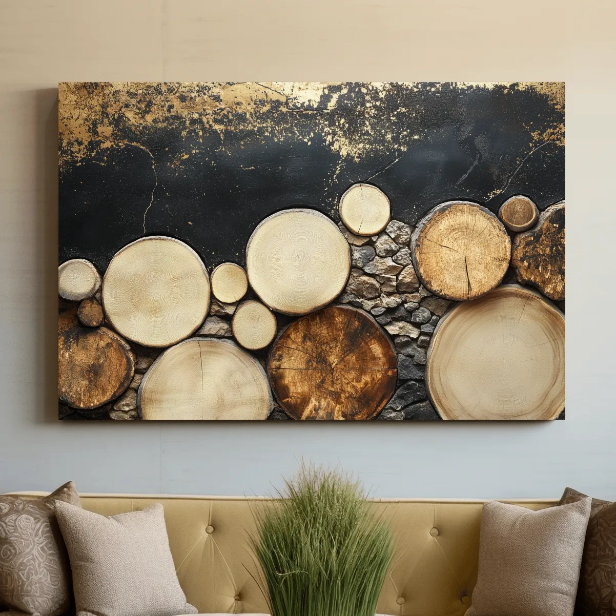 Rustic wood and stone wall art, textured effect natural elements artwork