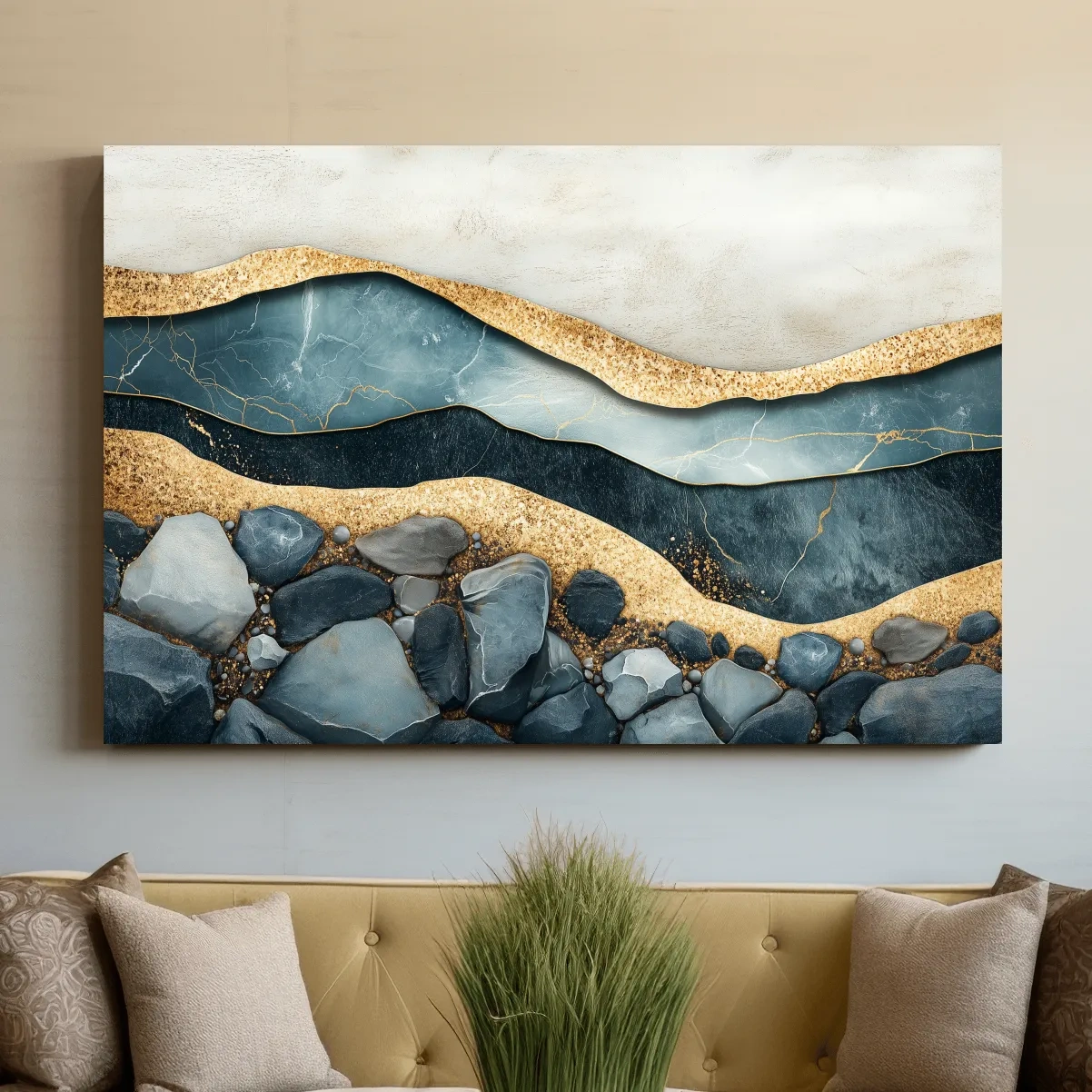 Elegant riverbed sand and rock artwork, modern textured wall art with natural sediment layers