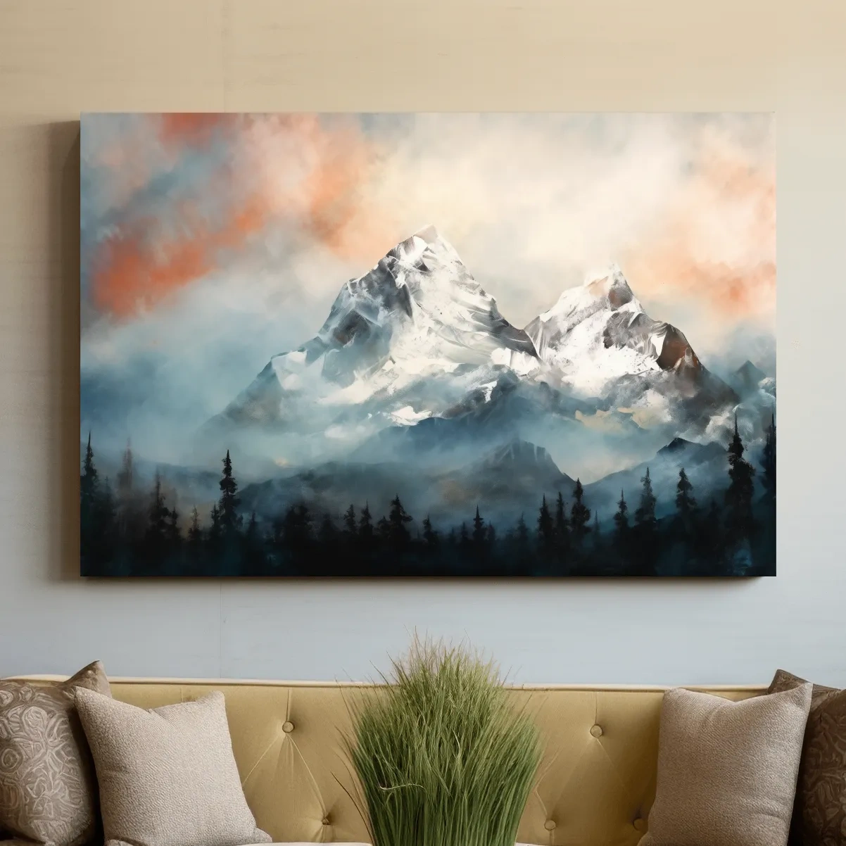 Impressionist mountain painting, sunset glacier in the mist