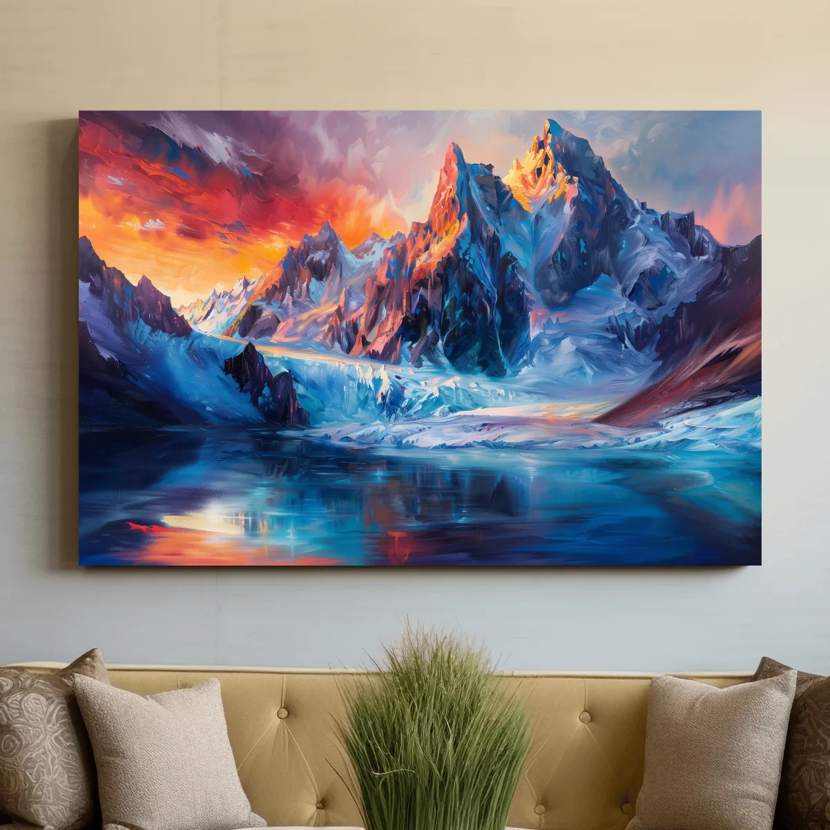 Abstract painting of an alpine glacier lake at sunset, mountain wall art