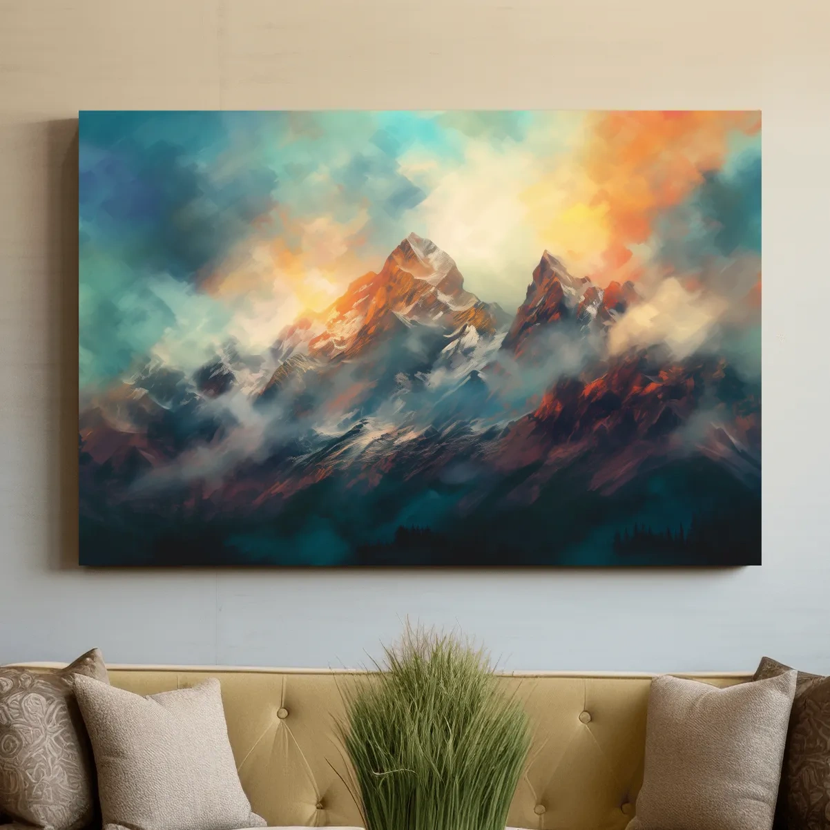 Colorful mountain sunrise artwork, peaks in the mist