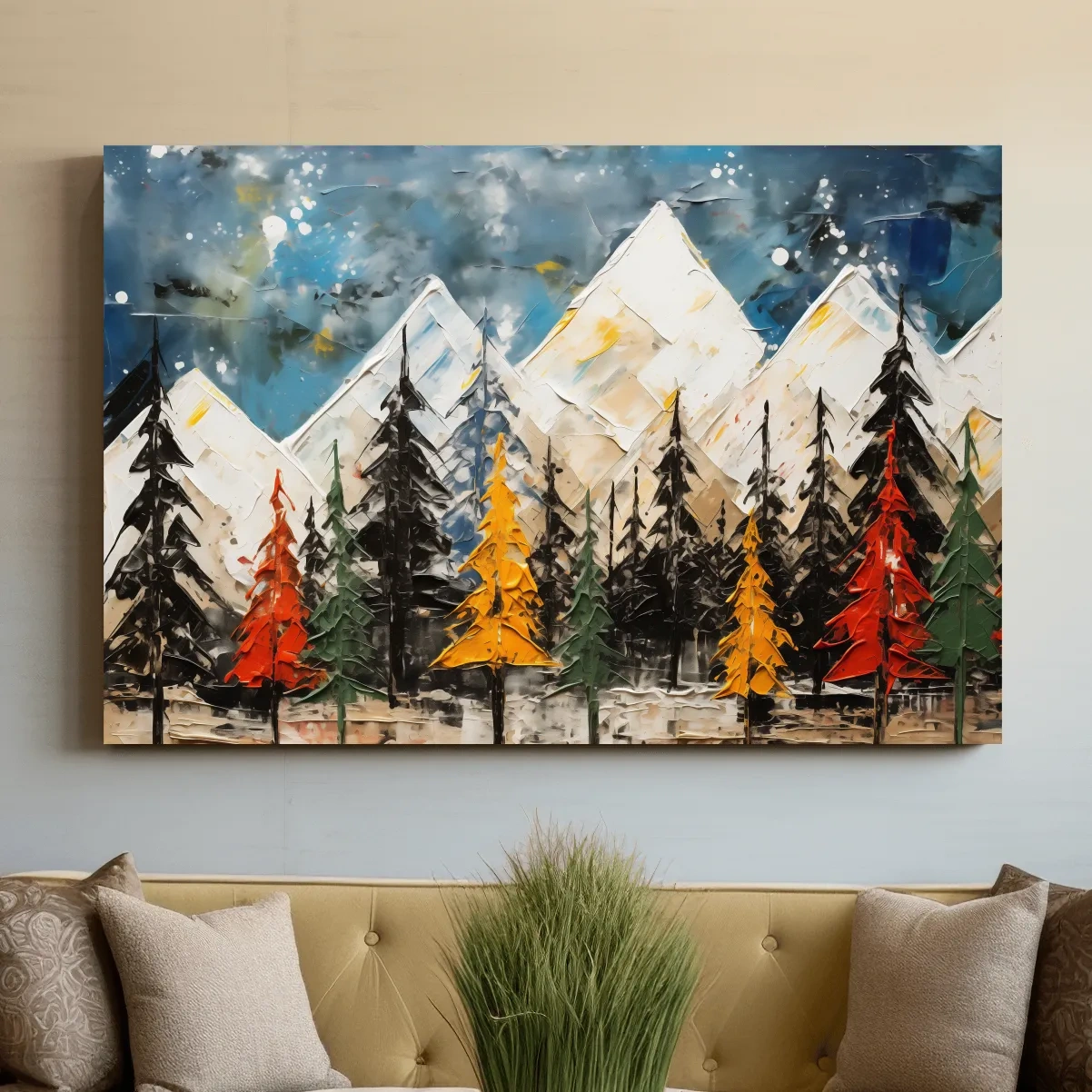 Textured Abstract Oil Painting Style Mountain Forest - Colorful Autumn Pines Landscape Wall Art