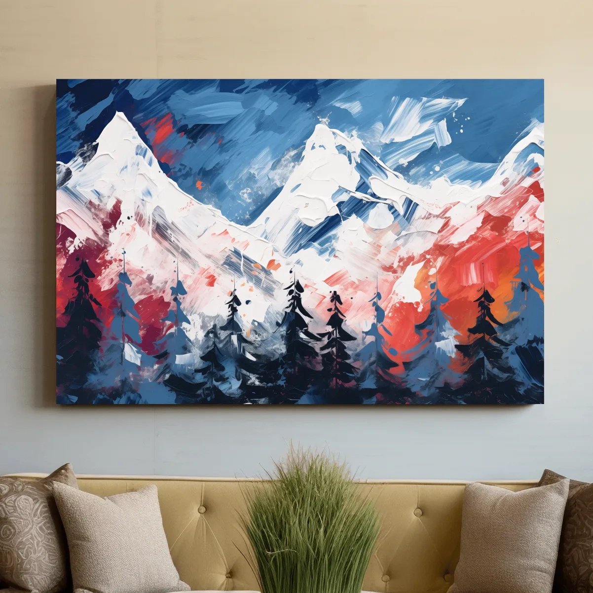 Vibrant Abstract Snowcapped Mountain Peaks - Bold Alpine Forest Landscape Art