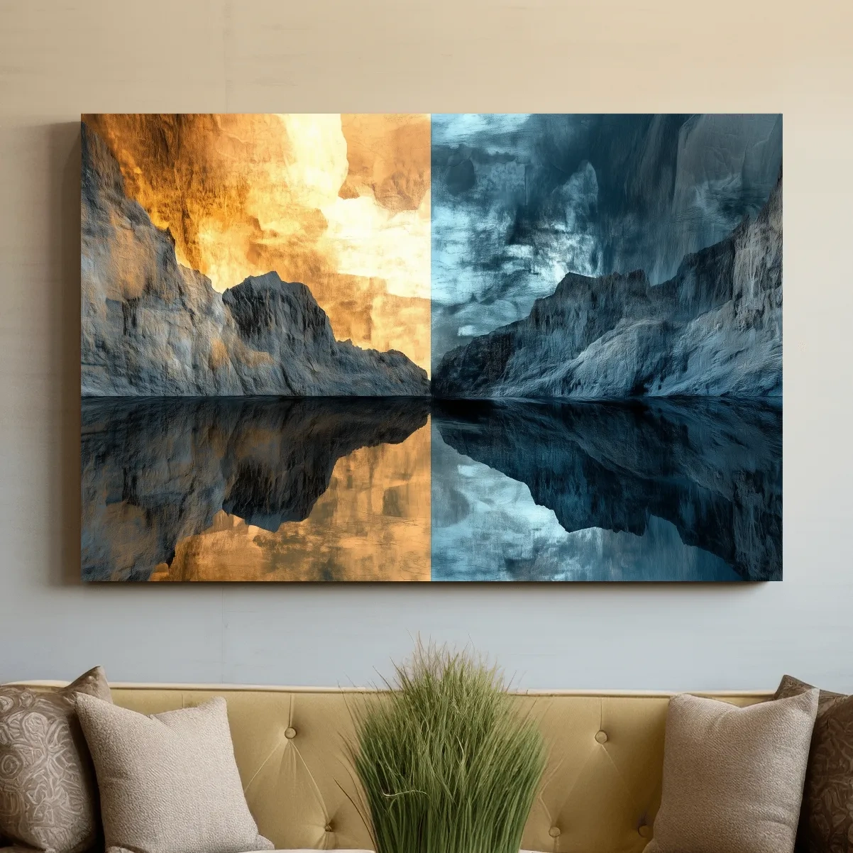 Split Tone Mountain Lake Reflection - Fiery Sunset Cool Twilight