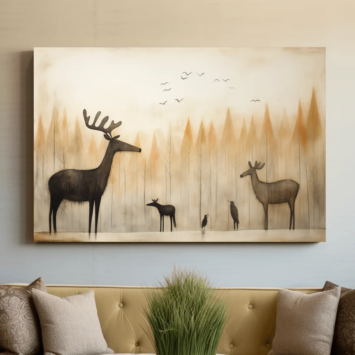 Minimalist Woodland Deer Family Illustration - Scandinavian Nursery Forest Wall Art