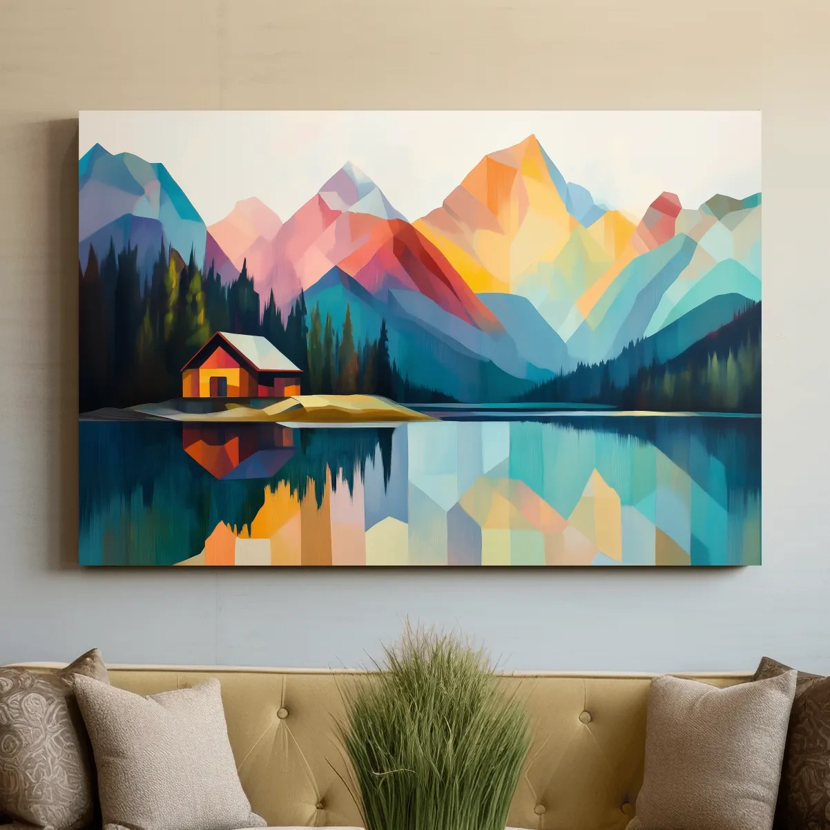 Colorful mountain cabin artwork, geometric landscape wall art