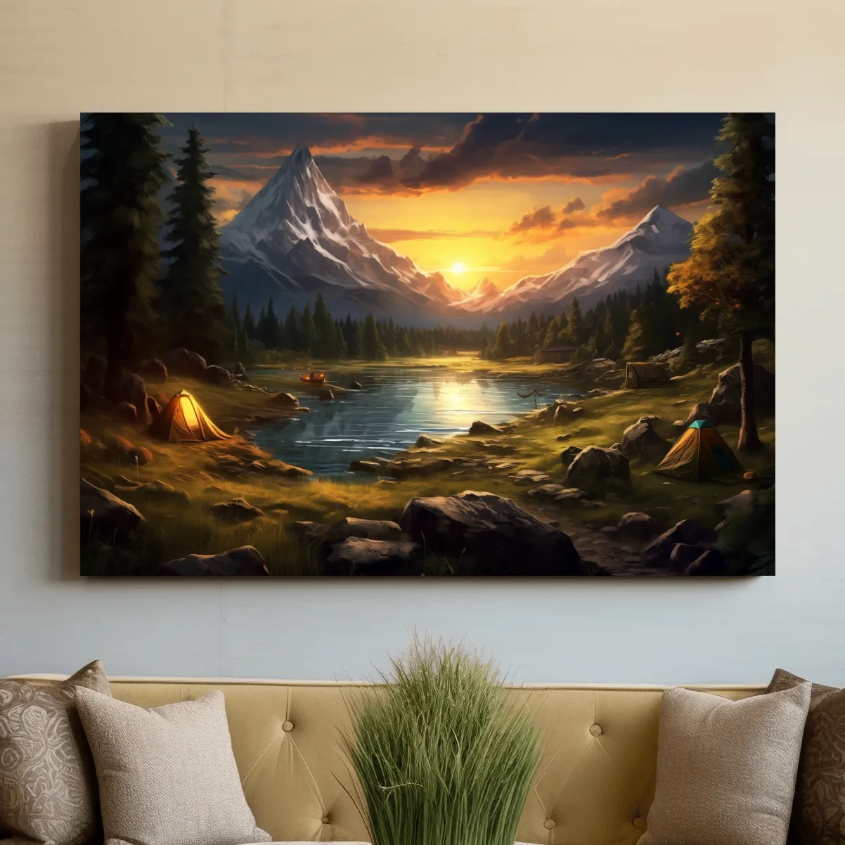 Painting of an alpine campsite by a lake at sunset, serene wall artwork