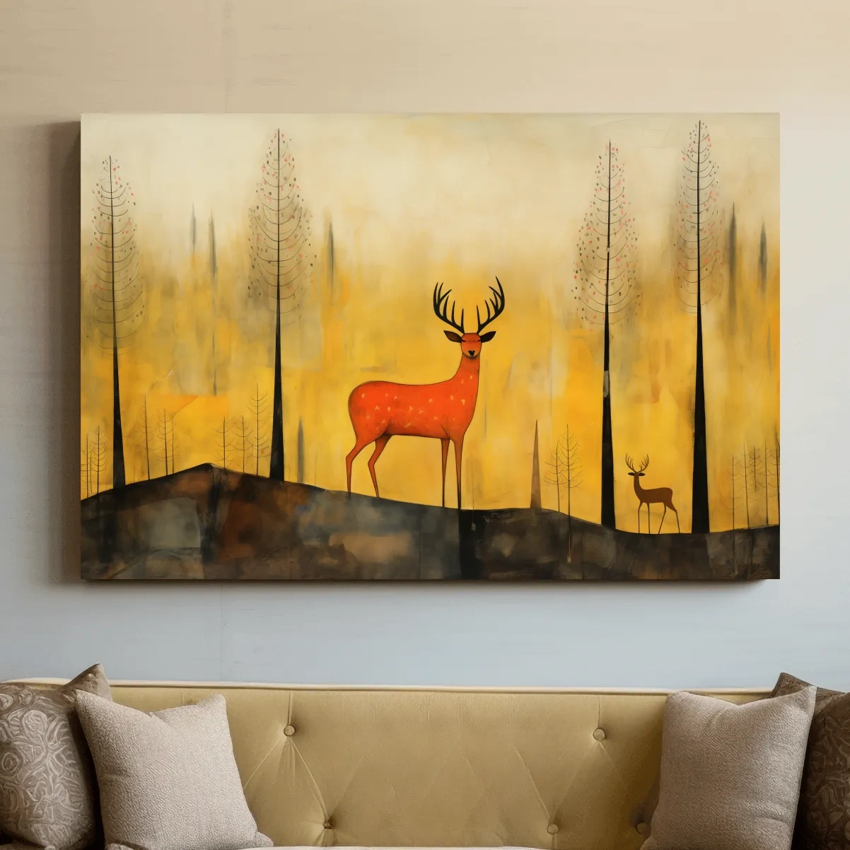 Whimsical Deer In Autumn Forest - Golden Woodland Landscape Wall Art