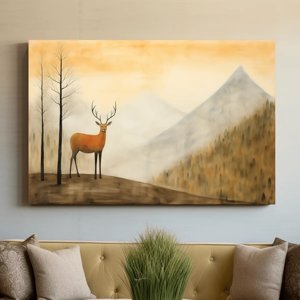 Deer Alpine Mountain Landscape Painting - Serene Foggy Forest Wall Art