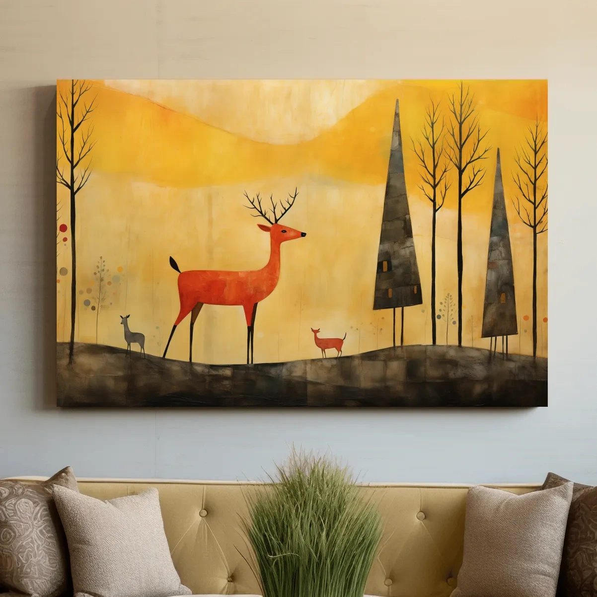 Whimsical Deer Forest Illustration - Autumn Woodland Landscape Wall Art