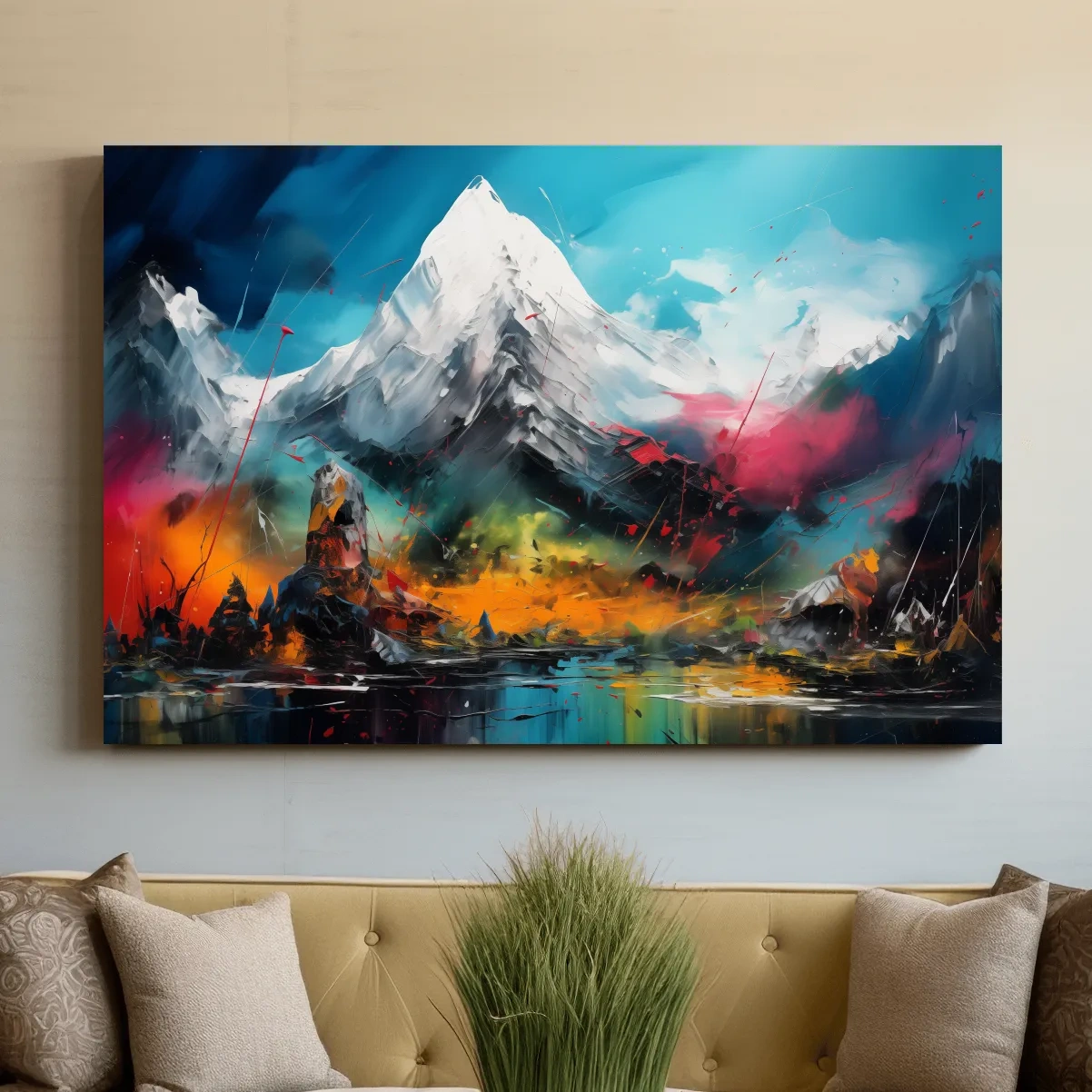 Abstract vibrant mountain wall art, impasto painting effect