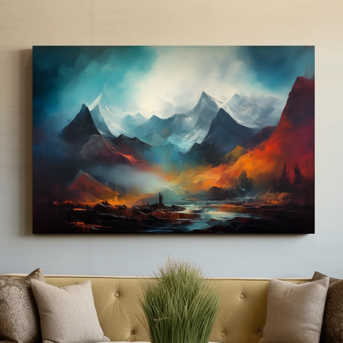 Colorful impressionist painting, abstract mountain landscape artwork