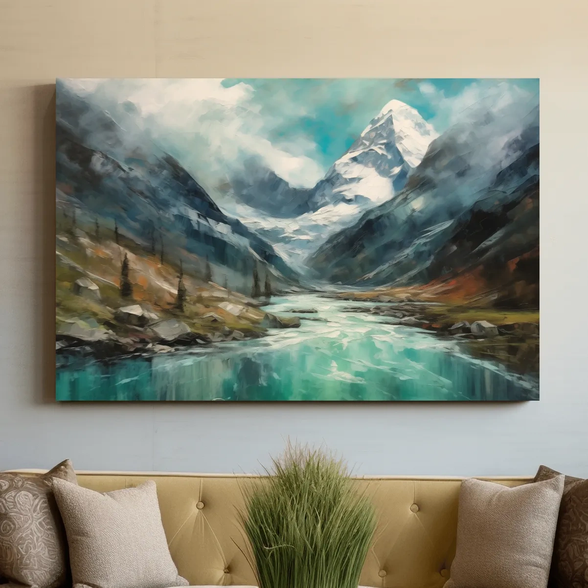 Impressionist style painting of alpine meadows, glacier and lake