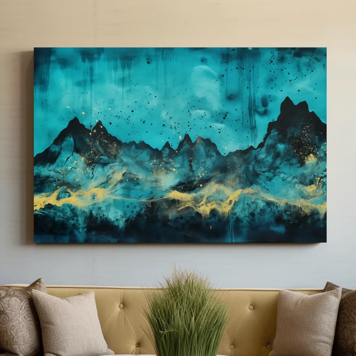 Mystical turquoise mountain wall art, abstract night sky with gold accents
