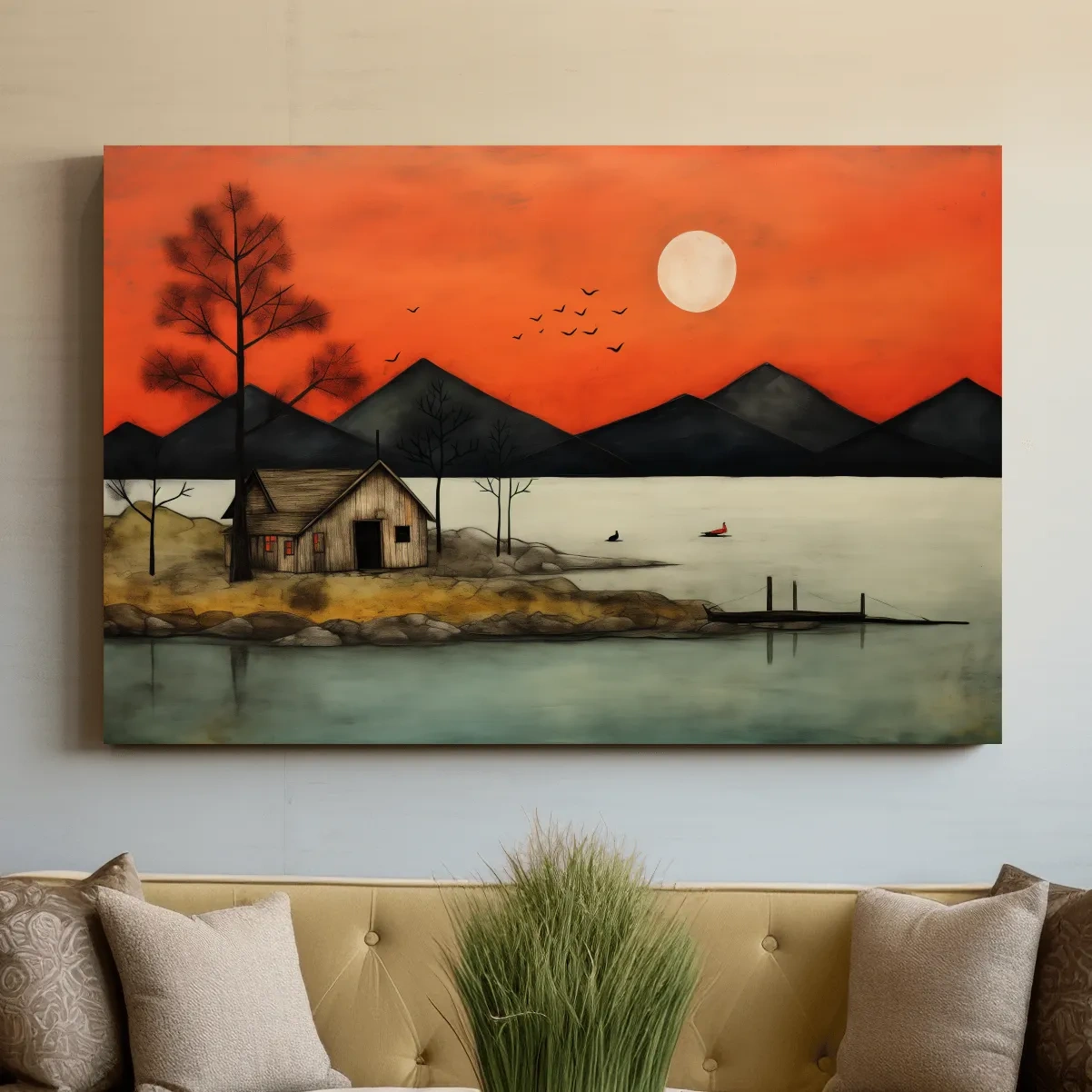Rustic lakeside cabin art at sunset, textured effect wall art painting