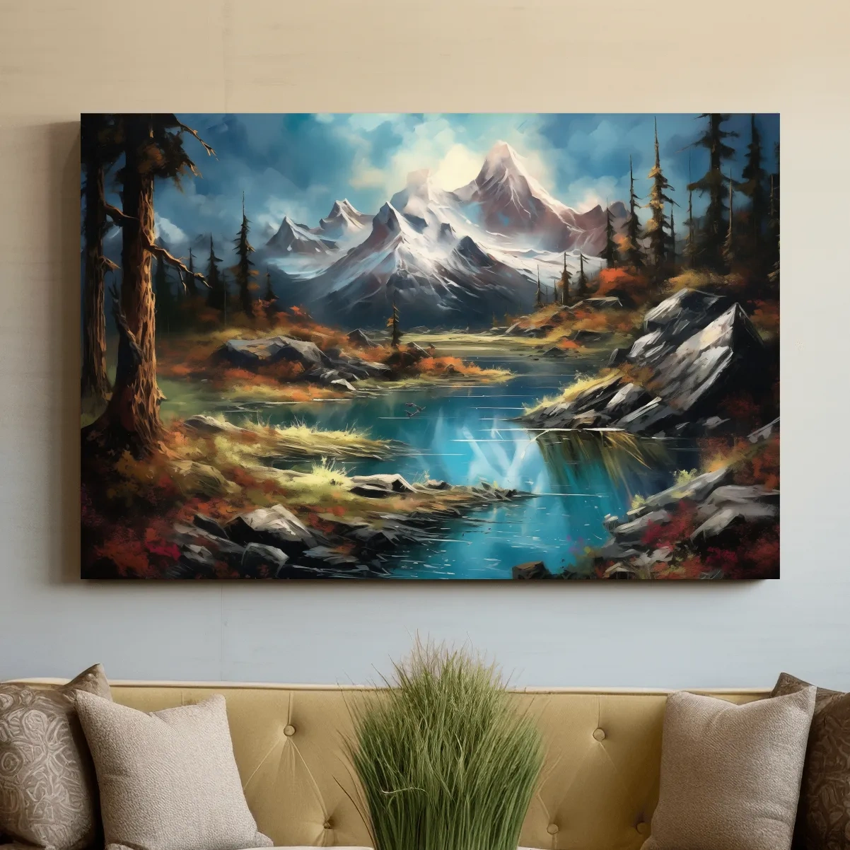 Serene alpine lake and snow-capped mountains wall artwork, vibrant scenic painting