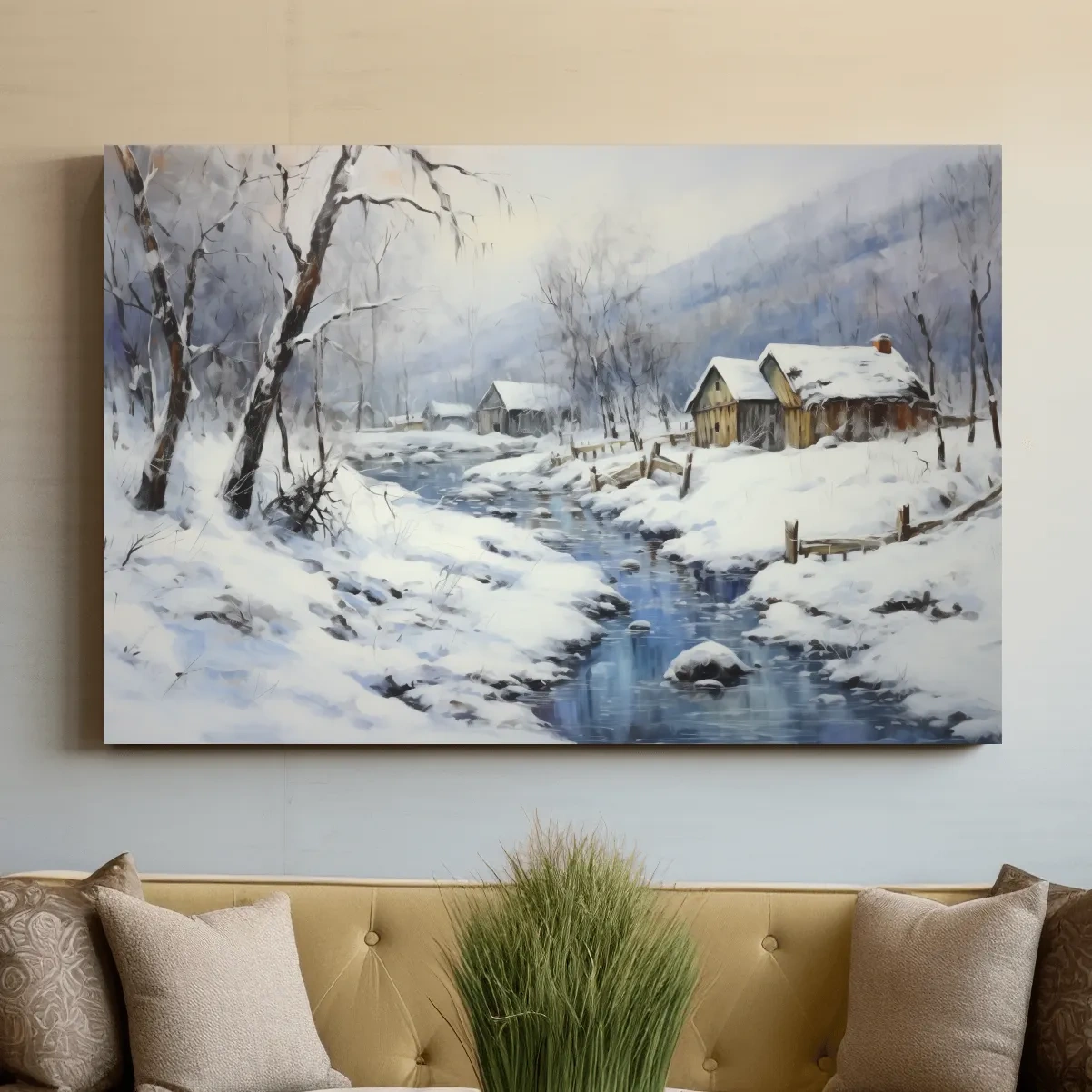 Snowy Winter Cabin Stream Landscape - Serene Rustic Wall Art