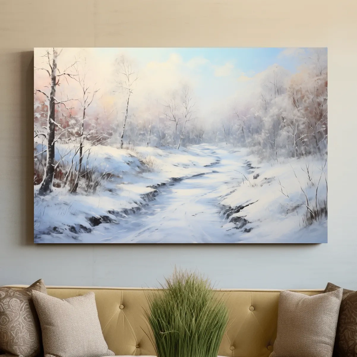 Winter landscape artwork, serene snowy forest path with soft pastel sky