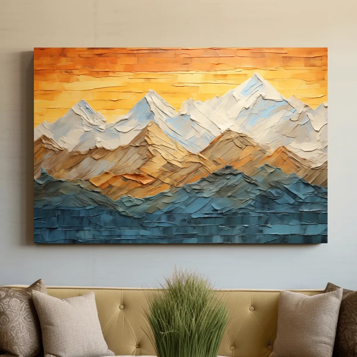 Impasto Style Mountain Range Sunset - Pallet Knife Painting Effect Wall Art