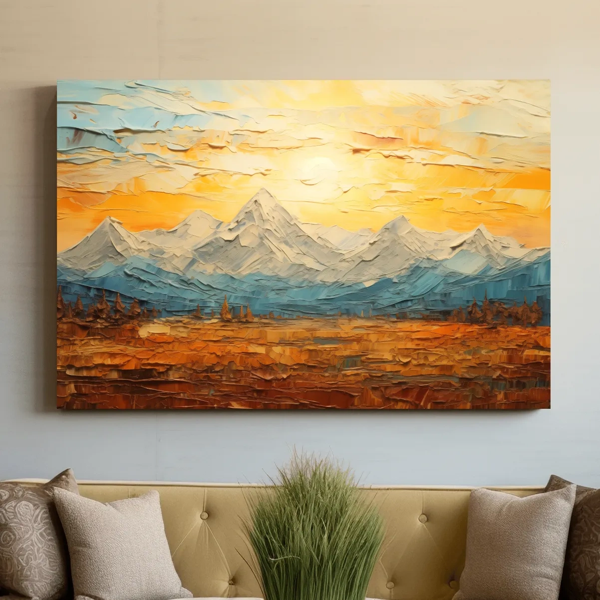 Glacier sunset mountain painting artwork, textured impasto effect