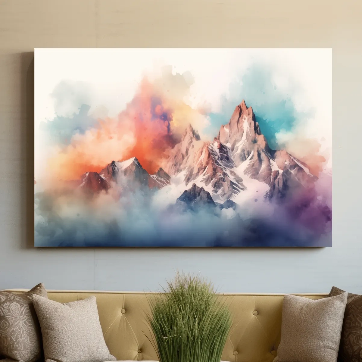 Abstract colourful mountain artwork, vibrant effect with clouds and peaks