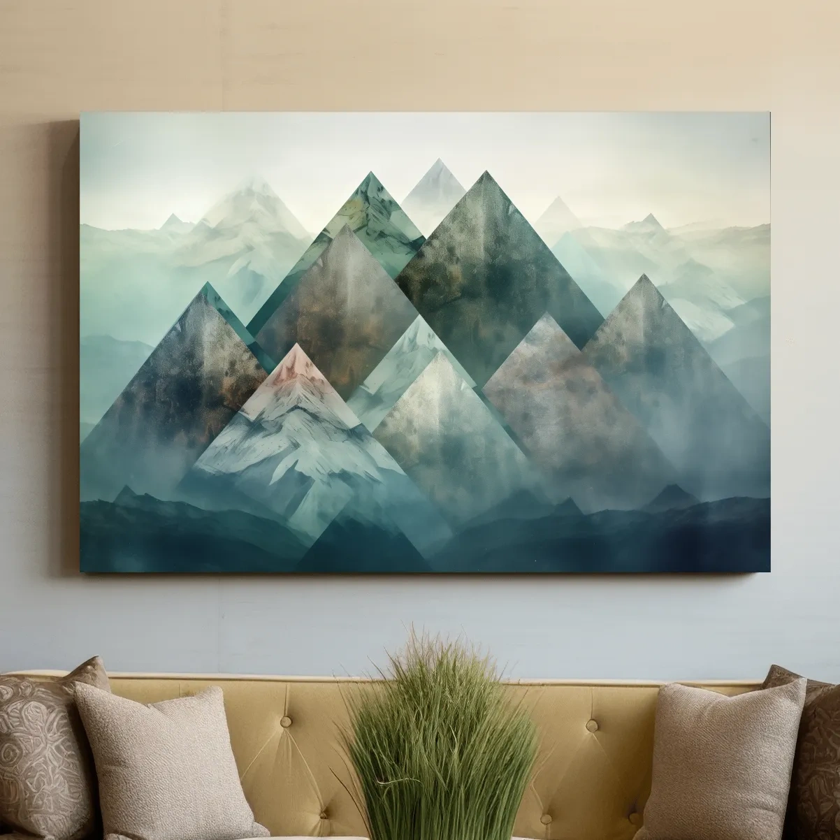 Mystical mountain landscape artwork, layered geometric peaks in misty hues