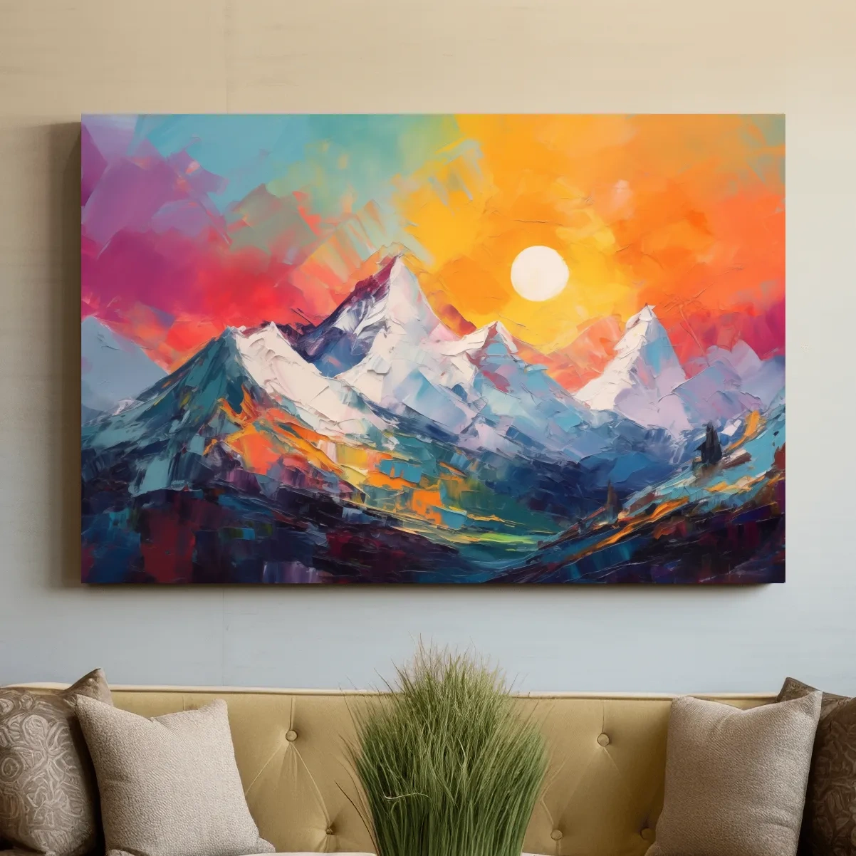 Colorful abstract mountain wall art, vibrant sunset oil painting print