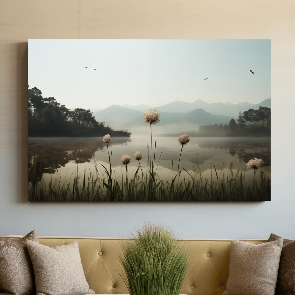 Photographic art painting of dandelions on the lake