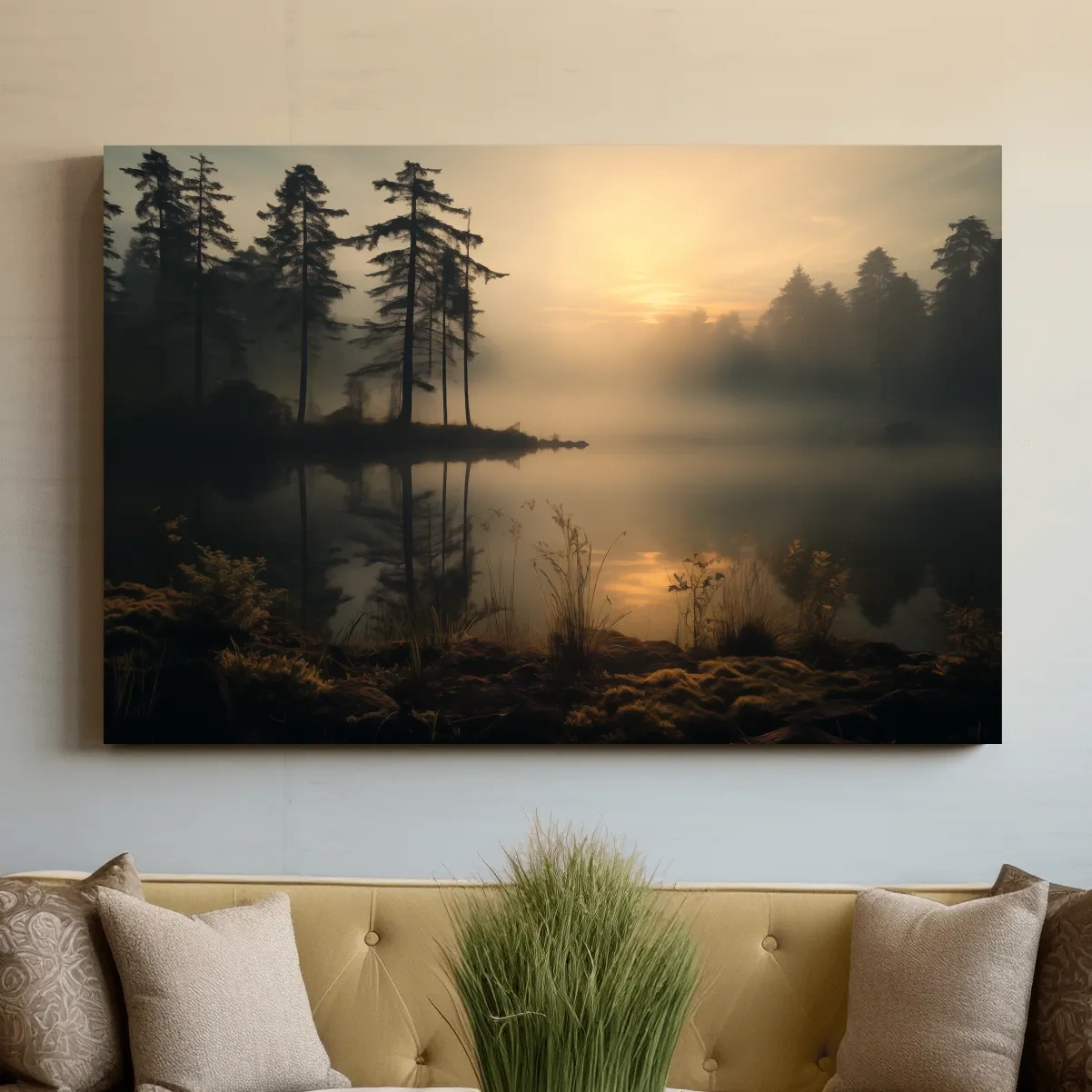 Photographic art of a misty lake at sunrise